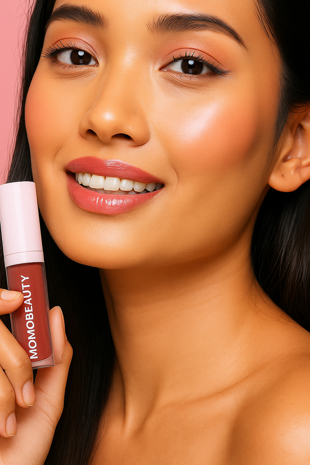 Model wearing Momo Beauty lip gloss